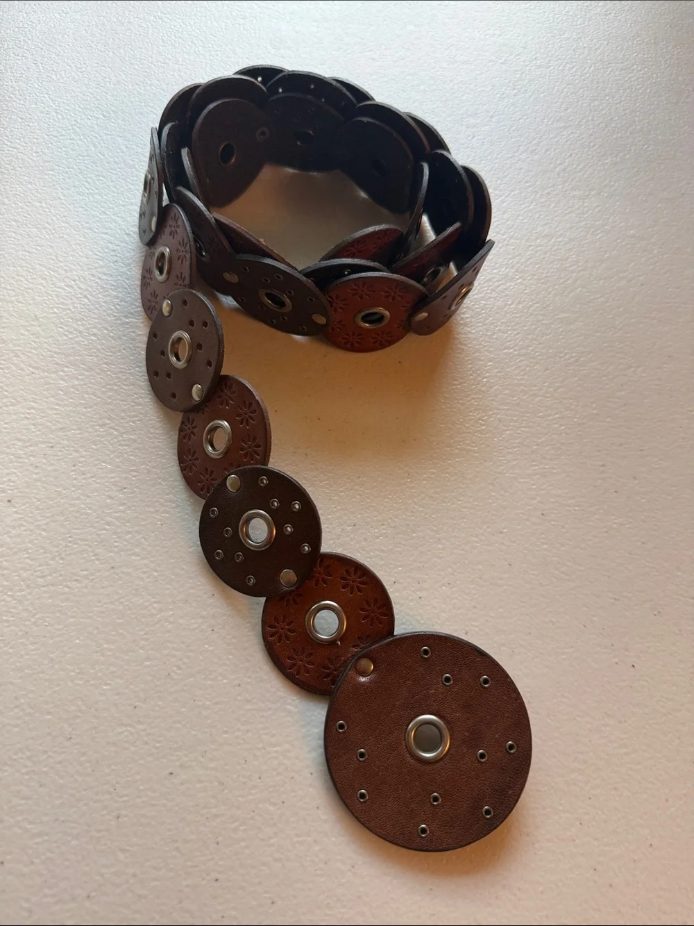 Round Leather Boho Disc Belt in Dark Brown and Black Size Medium/Large